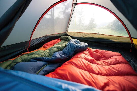 opened sleeping bag inside a pitched tent