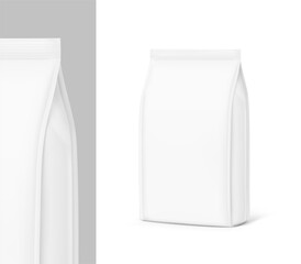 Vertical bag mockup. Flat bottom gusset bag. Half side view. High realistic. Vector illustration isolated on white background. Ready for use in presentation, promo, advertising and more. EPS10.