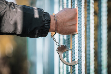 Man handcuffed in jail outdoors, closeup. Criminal law. arrest at scene of a crime - obrazy, fototapety, plakaty