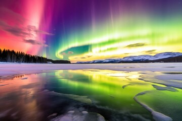 vividly colored aurora dancing over a frozen lake