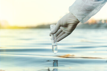 Fence, check the water sample for infections. Gloved hand with a flask and a test tube on a...