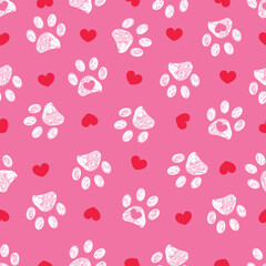 Christmas colored pink background colored white paw prints and cute hearts seamless pattern