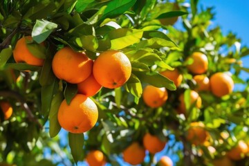 close-up of ripe oranges hanging on the tree