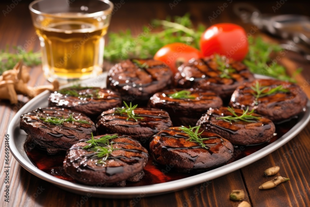 Wall mural bbq portobello mushrooms on a glass platter