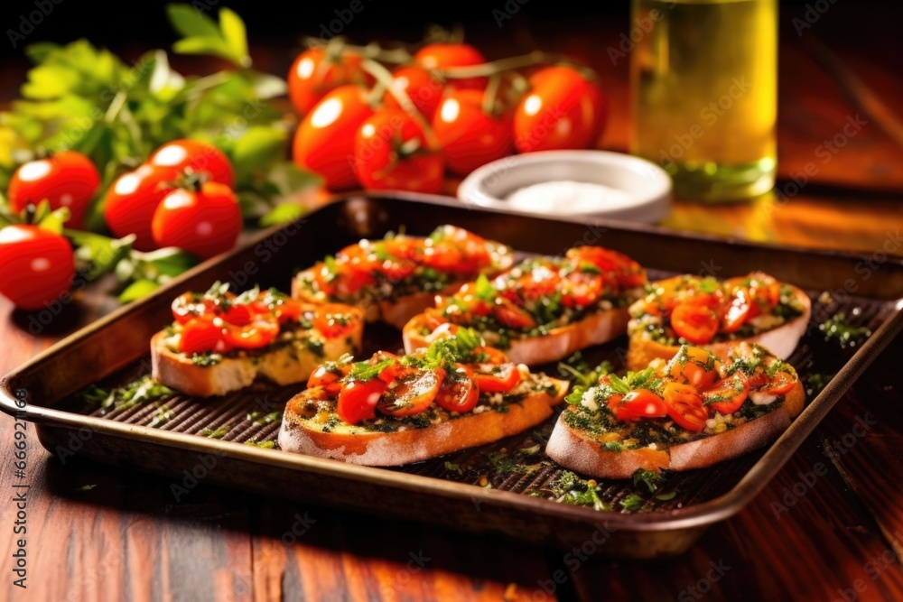 Poster bruschetta with grilled tomatoes on a tray