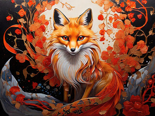 Digital painting of a fox with autumn leaves.