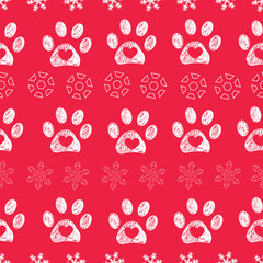 Christmas colored red background colored white paw prints and snowflakes seamless pattern - obrazy, fototapety, plakaty