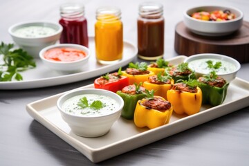 Fototapeta na wymiar bbq stuffed bell peppers on white plates with dipping sauces