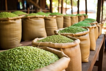 bags of green coffee beans waiting to be processed
