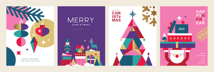 Set of Merry Christmas and Happy New Year 2024 vector illustration for greeting cards, posters, holiday covers in modern minimalist geometric style. - 666921520