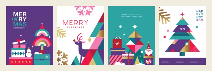 Fotobehang Set of Merry Christmas and Happy New Year 2024 vector illustration for greeting cards, posters, holiday covers in modern minimalist geometric style. © littleWhale