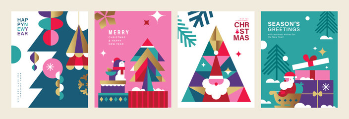 Set of Merry Christmas and Happy New Year 2024 vector illustration for greeting cards, posters, holiday covers in modern minimalist geometric style. - 666921540