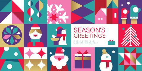 Merry Christmas, Season's Greeting and Happy New Year vector illustration for greeting cards, posters, holiday cover in modern minimalist geometric style.