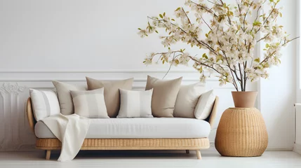 Fototapeten Wicker pot with blossom tree near beige sofa with many pillows and plaid. Scandinavian interior design of modern stylish living room © Samira