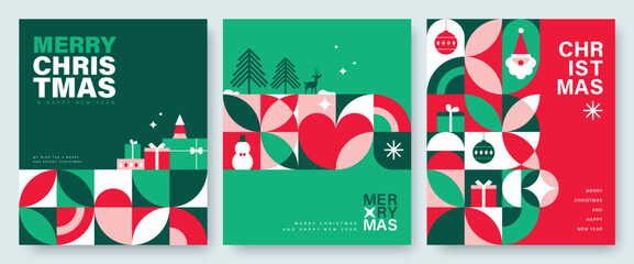 Set of Merry Christmas and Happy New Year 2024 vector illustration for greeting cards, posters, holiday covers in modern minimalist geometric style. - 666921736