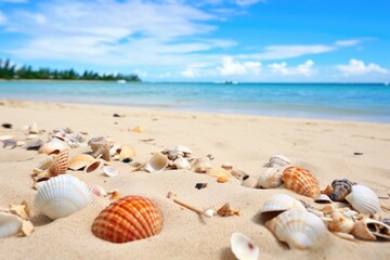 Fototapeta na wymiar tropical seashells scattered on sandy beach