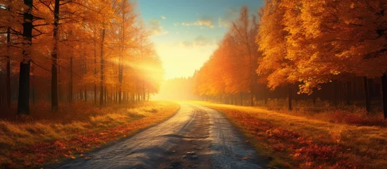 Papier peint photo Marron Stunning fall landscape road through dense forest with vibrant sunlight orange and teal hues Digital Artificial Intelligence art  © AkuAku
