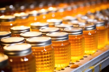 rows of honey jars ready for labeling - obrazy, fototapety, plakaty