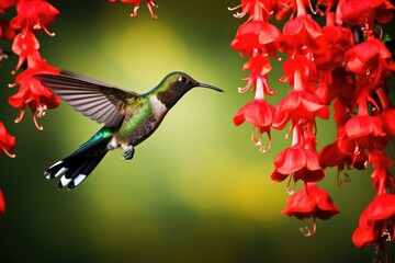 a hummingbird sipping nectar from tropical flowers