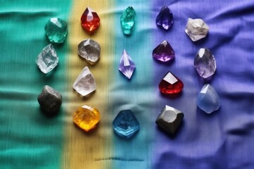 birthstones divided into groups based on their respective months on a fabric mat