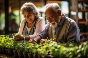 Seniors nurturing indoor plants in a modern urban farm background with empty space for text 