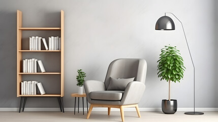  Wooden bookshelf and armchair. Scandinavian interior design of modern living room