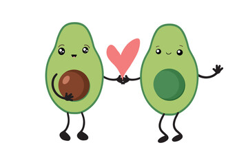 Obraz premium Cute avocado lovers in kawaii style. Avocado fruit in flat design. Vector