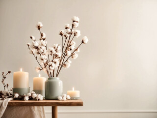 Table with aroma candles and cotton flowers light background. Generative AI.