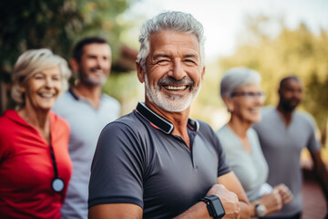 Active older adults synchronizing wearable fitness trackers background with empty space for text 