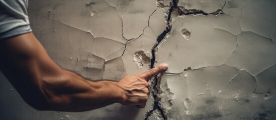 A man indicating a damaged wall indicating a problem with the building s structure
