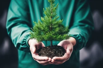 Rolgordijnen holding bonsai tree in gloved hands © altitudevisual