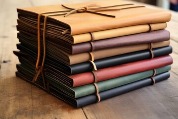 handmade leather journals stacked together