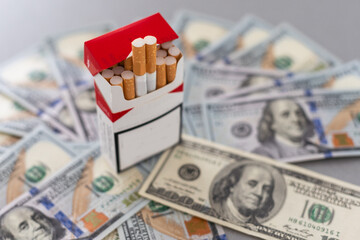 Concept of smoking cost. Cigaretes on a dollars background.