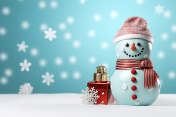 Snowman isolated on a pastel background 