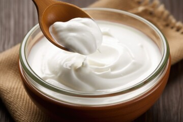 stirring greek yogurt in a bowl with a spoon