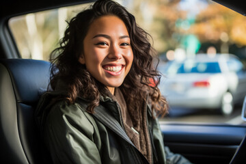 Student in a driving car  - obrazy, fototapety, plakaty
