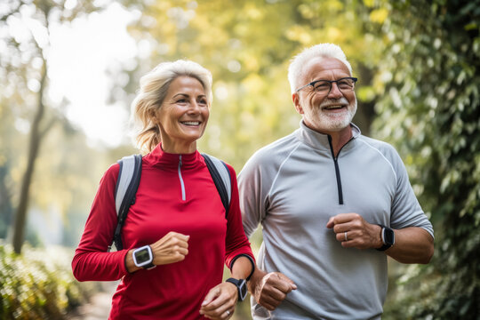 Older adults comparing steps on fitness trackers during a morning walk 