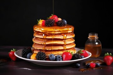 stack of homemade pancakes coated in honey and berries - Powered by Adobe