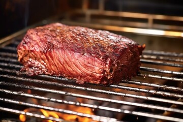 plump brisket on a barbecue grill with a stainless steel probe in it