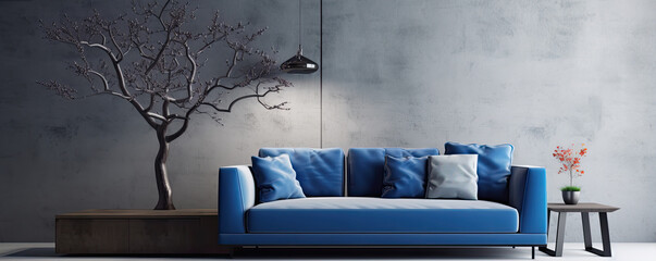 Pastel blue colored sofa against blue wall in living room interior.