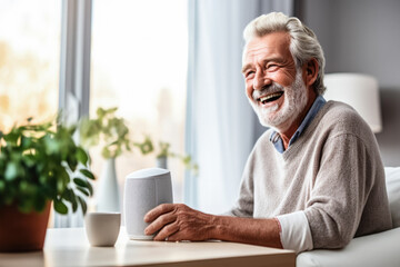 Senior man engaging with AI voice assistant on his smart speaker 