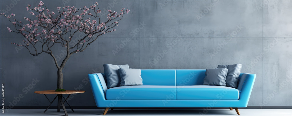 Poster pastel blue colored sofa against blue wall in living room interior.