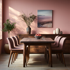 Wooden chair near dining table against pink wall. Art deco interior design of modern dining room
