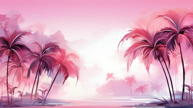 AI generated illustration of vibrant pink palm trees on a tropical island