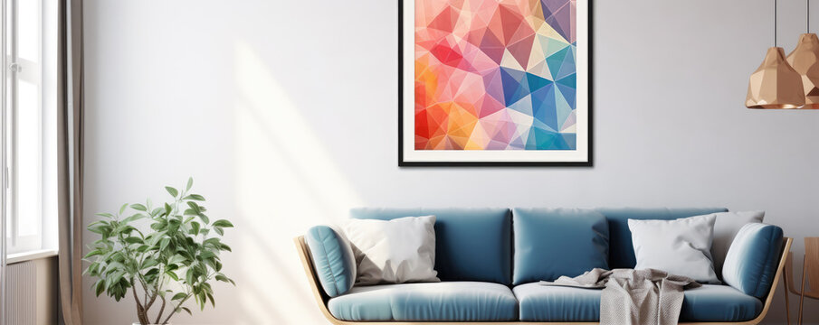 living room with modern sofa, geometric image frame on wall.