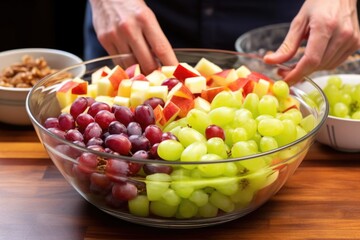 adding a handful of juicy grapes to a fruit salad mix - obrazy, fototapety, plakaty