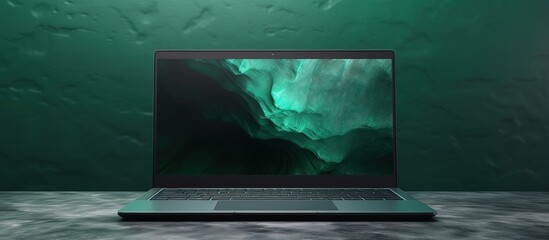 a laptop facing a dark green sea wall