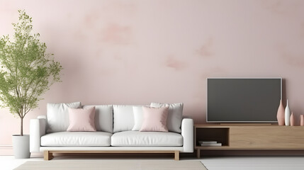 Wooden coffee table between sofa and tv. Scandinavian minimalist home interior design of modern living room