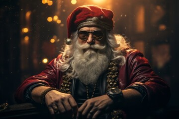 Fototapeta na wymiar Rugged and cool interpretation of Santa Claus. He is wearing sunglasses and red leather jacket. Alternative bad Santa Claus. Generative AI