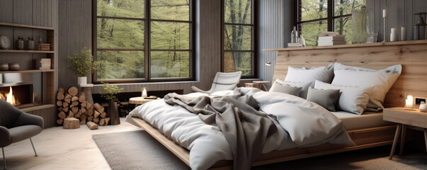 Modern loft style bedroom. Rooms with wooden floors decorate with fabric bed.